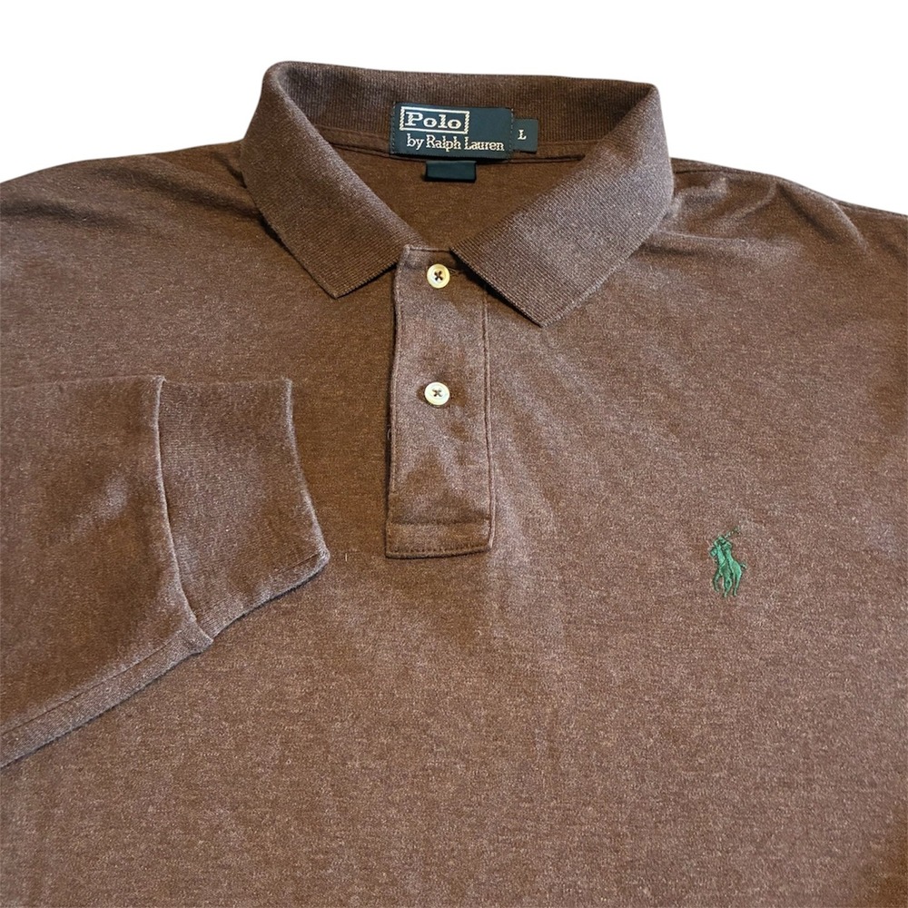 Polo Ralph Lauren Mens Brown Long Sleeve Polo Shirt Embroidered Pony Logo Large - Picture 1 of 5